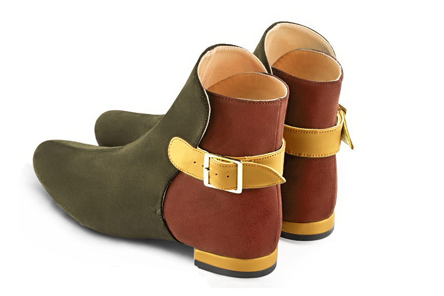 Khaki green, terracotta orange and mustard yellow women's ankle boots with buckles at the back. Round toe. Flat block heels. Rear view - Florence KOOIJMAN